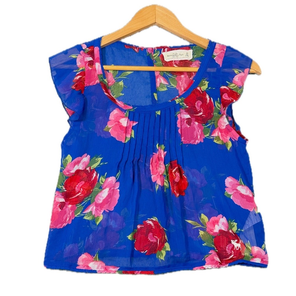 Abercrombie & Fitch Floral Blouse Womens XS Blue Pink Chiffon Y2K Flutter Sleeve